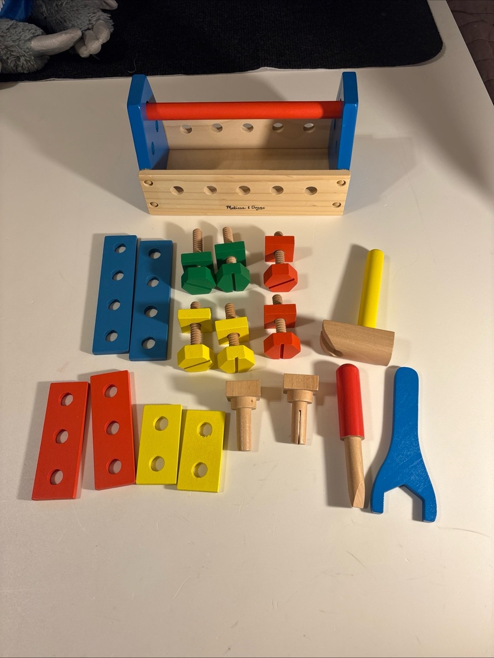Melissa & Doug Wooden Tool Caddy with Bright Blue, Red, Yellow, Green Pieces